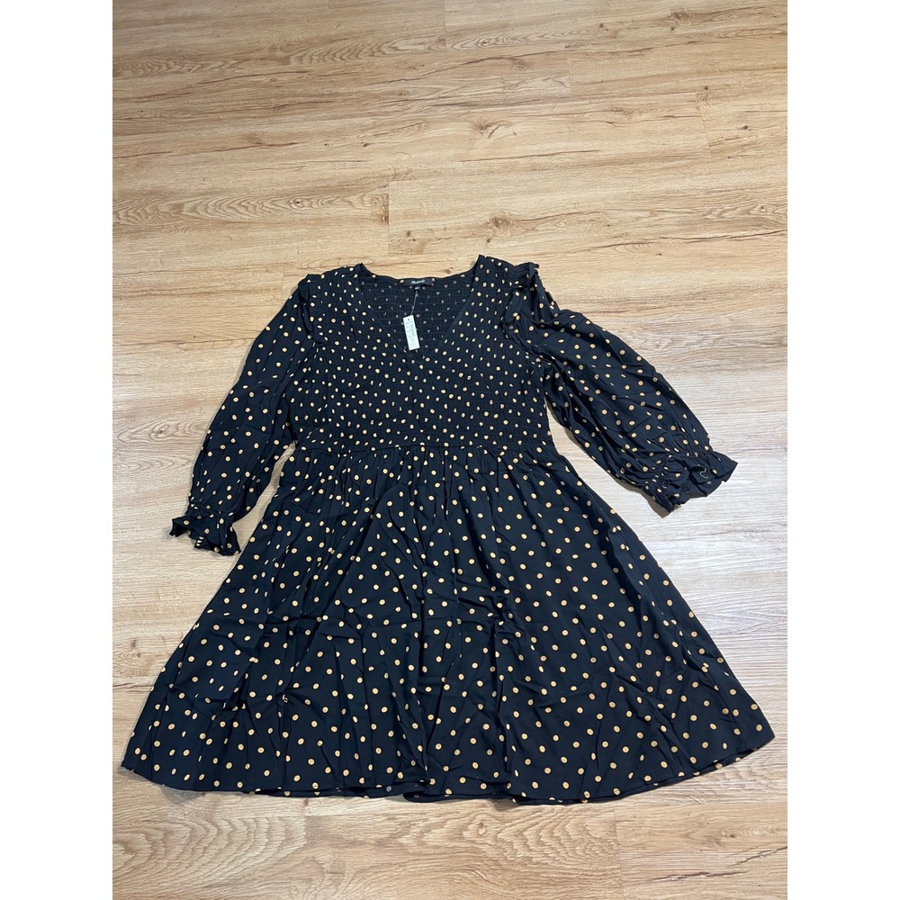 Madewell Lucie V-Neck Smocked Mini Dress Womens S Black Oval Dot NWT ND043